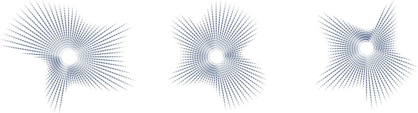 Three Abstract Radial Burst Music spectrum Patterns with Concentric Circles and Dashed Lines