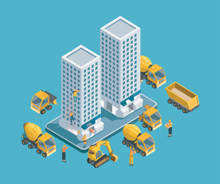 Isometric construction site with tall buildings, workers, and heavy machinery, blue background