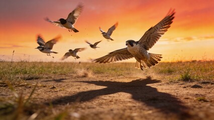Naklejka premium small flock of birds taking flight as falcon shadow crosses field, warm sunset sky in cinematic fine art wildlife scene