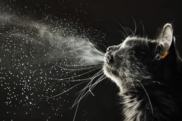 Gray cat spitting water with slow shutter speed effect on black background