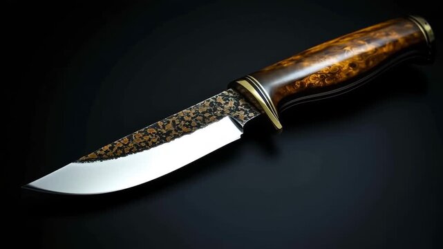 Custom handmade hunting knife with a beautiful burl wood handle rotating on a black background