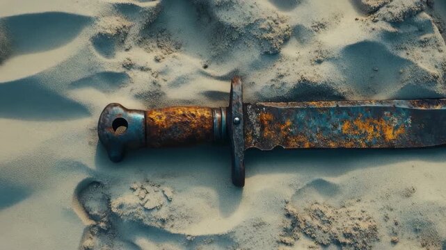 Ancient rusty knife, a lost artifact or weapon from a past conflict, lies abandoned on the sand