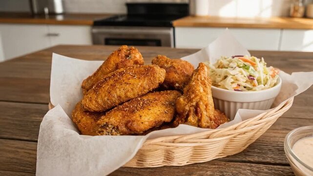 Crispy fried chicken wings served in a basket with coleslaw, highlighting comfort food, homestyle cooking, and delicious casual dining.
