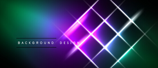 Obraz premium Vibrant abstract background features glowing neon squares. Gradient transitions from green to purple create dynamic visual effect. Modern design element.
