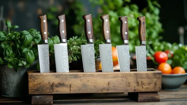 Set of professional kitchen knives in a rustic wooden holder with fresh vegetables in the background