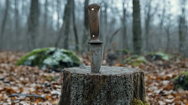 Rusty vintage hunting knife stuck into a tree stump in a moody, atmospheric autumn forest