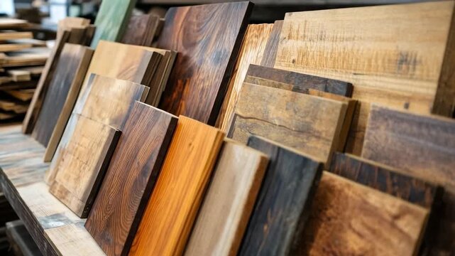 Different types of wood samples displayed on a shelf in a carpentry workshop or showroom