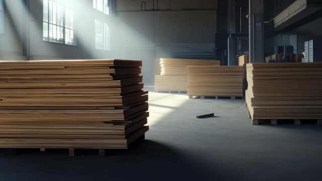 Wooden planks stacked on pallets inside a large, dusty warehouse with sunlight beaming through windows