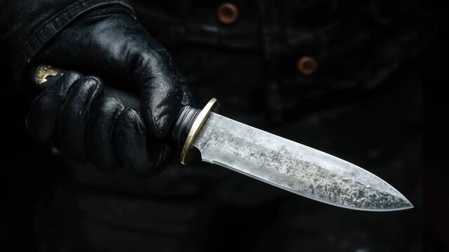 Sinister person in black leather gloves and jacket holding a knife on a dark, mysterious background
