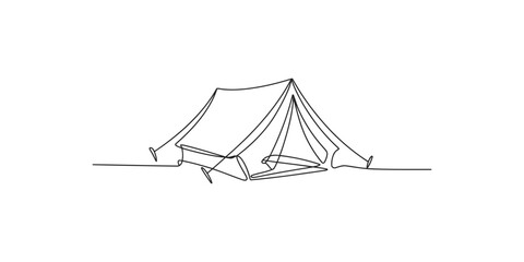 Minimalist continuous line drawing of a classic camping tent for outdoor adventure. © SR
