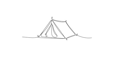 Simple black and white line drawing of a classic a-frame camping tent on a white background. © SR