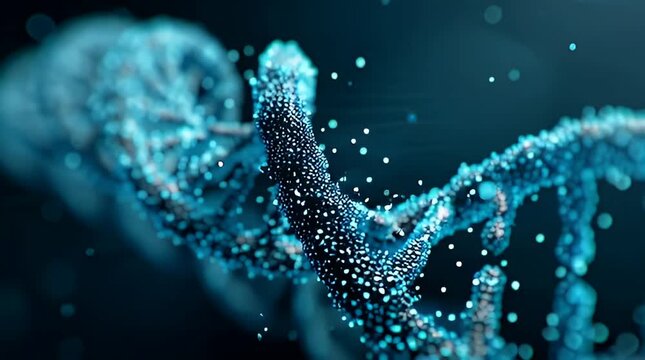 A 3D rendering of DNA helix with particles, showcasing molecular structure