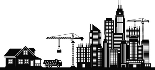 Urban construction skyline silhouette with house and crane, city development concept illustration isolated on white background © MstMousumi