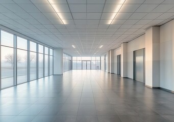 Obraz premium spacious empty modern showroom with floor-to-ceiling windows, gray tiled floor, suspended grid ceiling with linear lights, glass entrance and elevator doors, bright serene minimalist interior