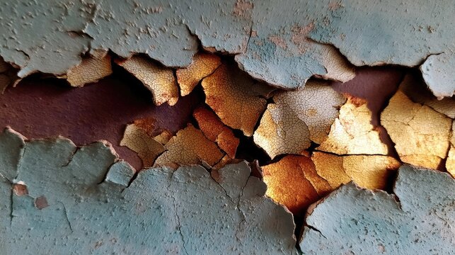 Close-Up of Textured Peeling Paint with Vibrant Underlayers on a Weathered Surface