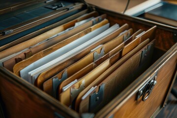 Fototapeta premium Open wooden file box with documents and files neatly arranged, showcasing organization and storage