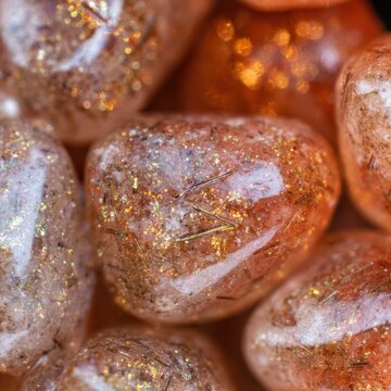 Sunstone glitter macro, tiny copper inclusions (aventurescence) sparkling inside an orange stone