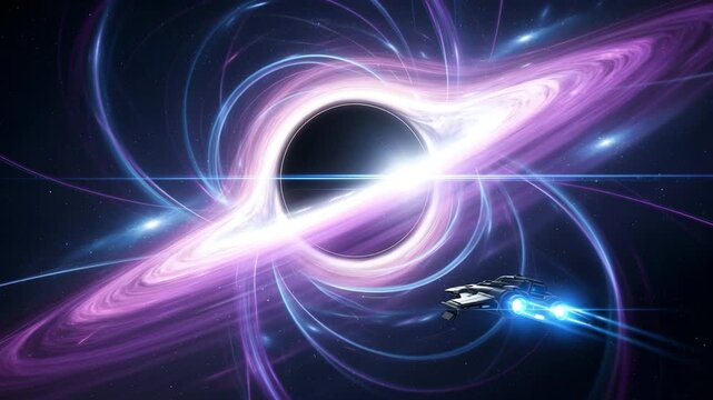 Swirling black hole vortex surrounded by vibrant galactic energy streams in deep space HD high quality video.

