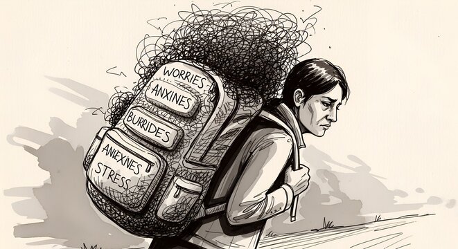A burdened person carrying a heavy backpack labeled with worries and stress. The image portrays the emotional weight and challenges of anxiety