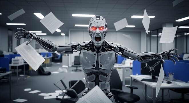 A frustrated robot in an office throws papers everywhere, expressing anger and chaos