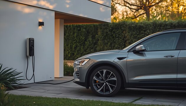 Modern electric car charging at a residential home wallbox