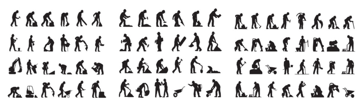 Construction workers silhouettes. builder labor man people working with tools