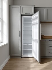Fototapeta premium Modern kitchen with open refrigerator and natural lighting