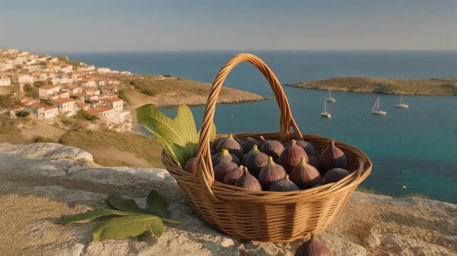 Basket of fresh figs overlooking a scenic coastal village and turquoise sea, capturing Mediterranean harvest season and authentic rural lifestyle.