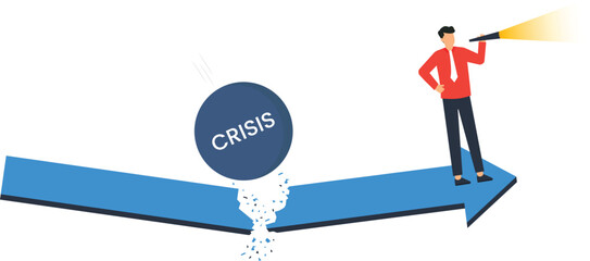 Businessman looking forward thinking, crisis management, business challenge, telescope searching future vision, falling obstacle broken arrow, risk assessment corporate strategy.