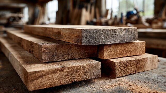 Stack of raw wooden planks in rustic carpentry workshop