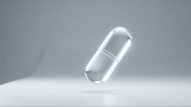 Isolated clear pharmaceutical capsule on light gray studio background
