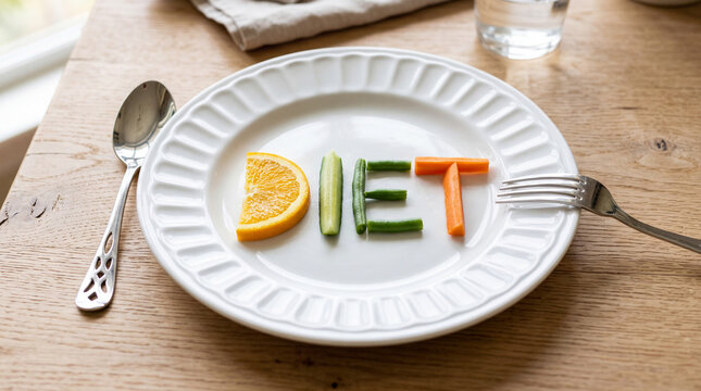 Colorful orange, cucumber, green beans, and carrots are arranged on a white plate to spell 'DIET', promoting healthy eating and nutrition