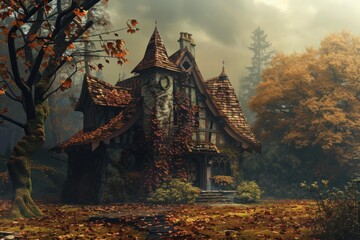 Obraz premium Charming fairytale cottage with climbing vines, surrounded by colorful autumn foliage in a misty forest