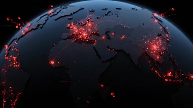 Global network connections highlighted on a darkened Earth from space