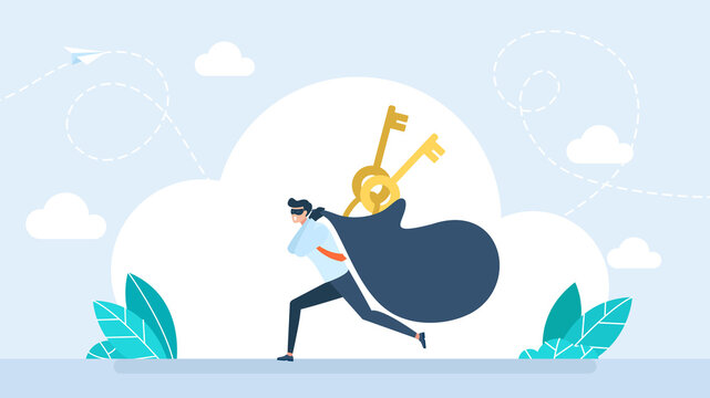 Criminal thief running fast and stealing golden keys in a big bag on blue cloud background. Concept of data security breach, privacy fraud, hacker attack and property robbery. Flat illustration.