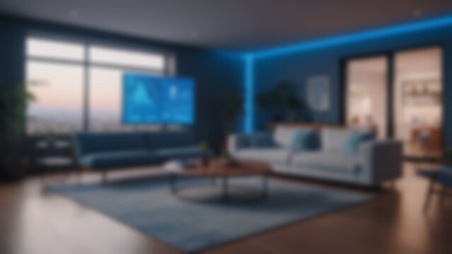 Blurred background of AI-controlled smart energy home interior with holographic dashboard displaying real-time renewable energy data, modern living room with minimalist furniture, evening, soft ambien