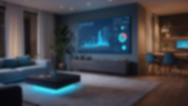 Blurred background of AI-controlled smart energy home interior with holographic dashboard displaying real-time renewable energy data, modern living room with minimalist furniture, evening, soft ambien