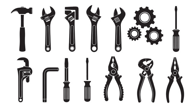 Set of black and white silhouettes of various hand tools on a white background
