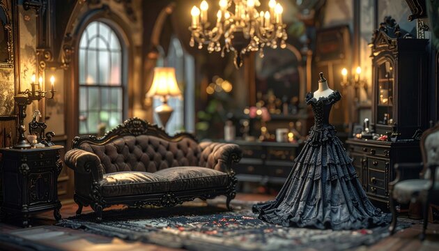 Ornate, dimly lit interior with opulent furniture, mannequin, and chandelier