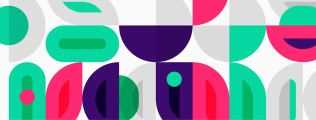 Fototapeta premium Abstract geometric pattern. Overlapping shapes create playful, modern design. Colors include teal, purple, pink, gray.