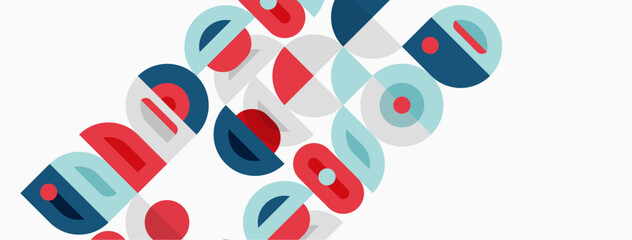 Abstract geometric pattern. Circles, semicircles, squares overlap creating colorful design. Red, blue, teal dominate composition.