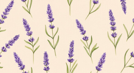Lavender floral pattern illustration featuring purple flowers and green leaves on a soft beige background for textile or wallpaper design