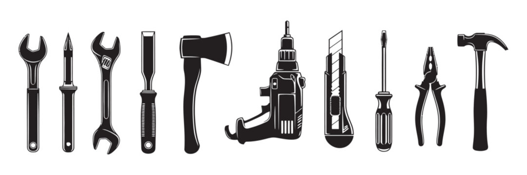 variety of essential hand tools, wrenches, axe, drill, utility knife, screwdriver