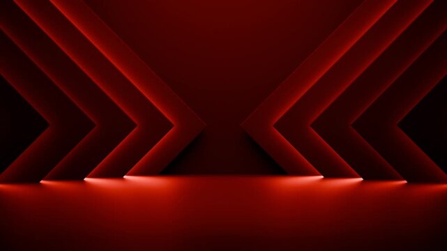 Abstract red geometric background with glowing light arrows. 3D loops animation