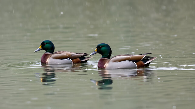 puna teal, Andean silver teal, a type of rare wild duck. two wild ducks swimming in the water during rainfall.