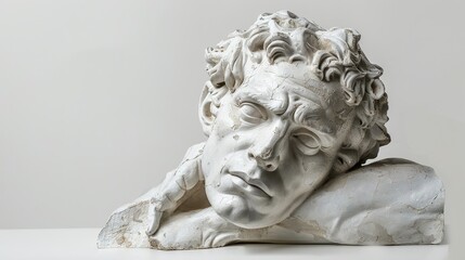 Naklejka premium Classical marble male face sculpture with curly hair and aged texture evokes heritage, timeless art, and cultural sophistication for design, branding, or educational themes