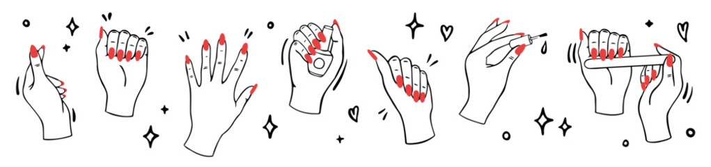 Fototapeta premium manicure process doodle set with female hands and red nails