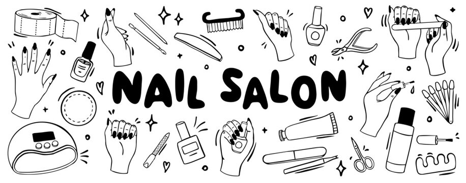 nail salon doodle set with manicure tools and hands illustration
