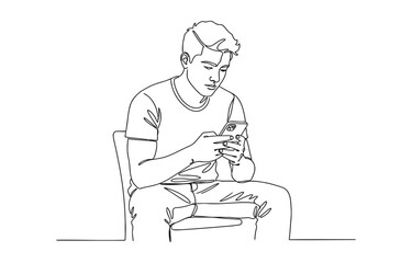 Continuous one line drawing of a young man using his smartphone.