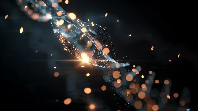 Abstract Digital Network Chain Effect with Glowing Particles and Light Streaks on Dark Background